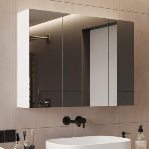 DICTAC Spiegelschrank Bad 80x60x16cm Badschrank mit Spiegel und Verstellbarem Regal 80cm Breit Aufbewahrungsschrank mit 3 Türen Wandschrank mit Spiegel Medizinschrank Hängeschrank für Badezimmer,Weiß