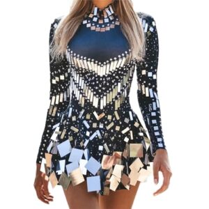 Earthradius Pailletten Kurzes Kleid Sparkly Ballsaal Tanzkostüm Spiegel Frauen Team Sexy Bühnenkleidung Luxus Tänzerin Outfit (M, Schwarz)