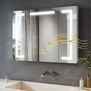 SONNI LED Spiegelschrank Bad mit Bluetooth 80x60 cm, 3 Türen Spiegelschrank mit Anti-Beschlag, Steckdose, 3 Lichtfarben, Dimmbar, Aluminum, IP44 Wasserciht